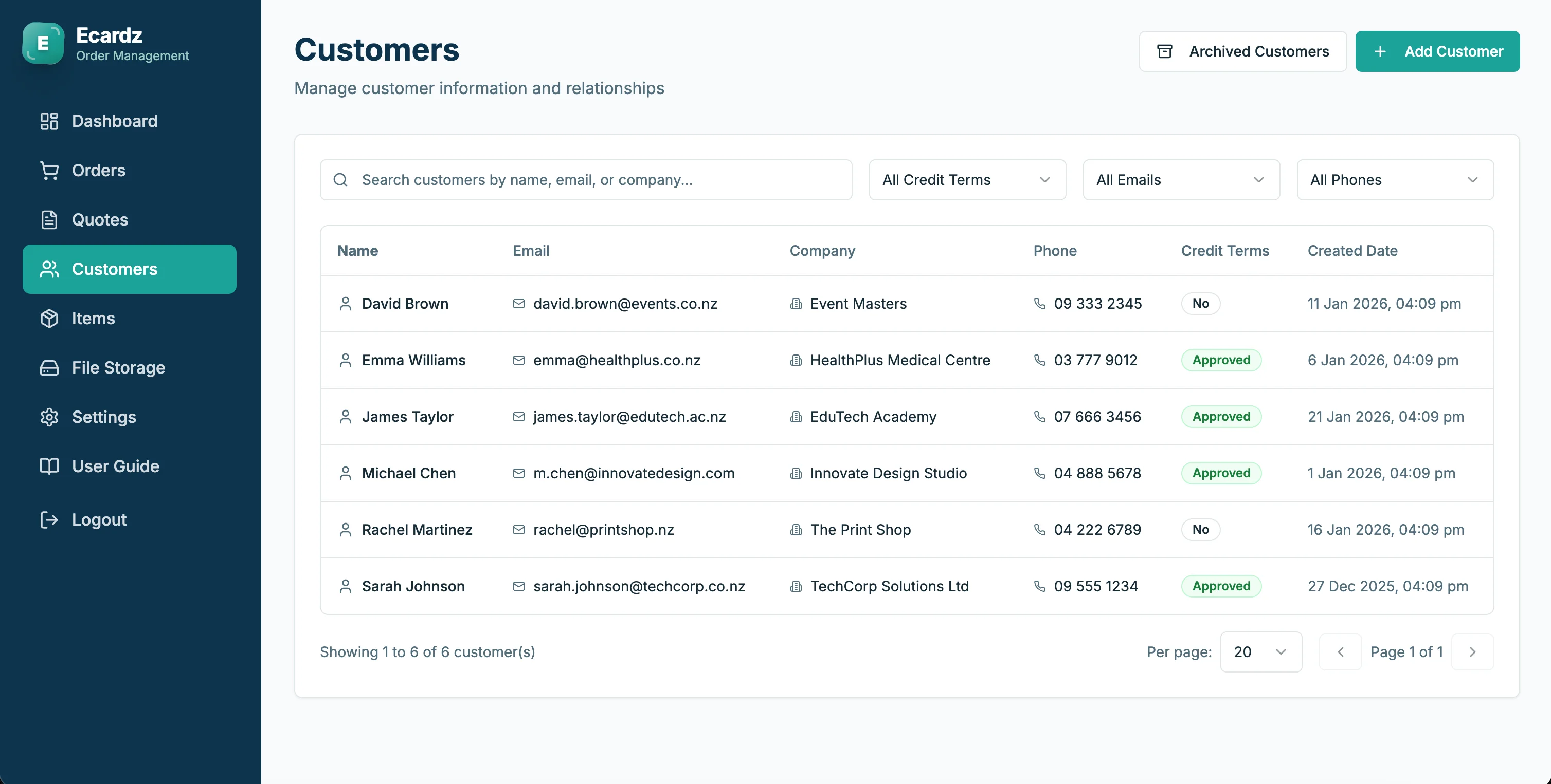 Ecardz Customer List